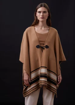 Sweaters*MONROW Supersoft Sweater Knit Reversible Stripe Poncho GOLDENBROWN