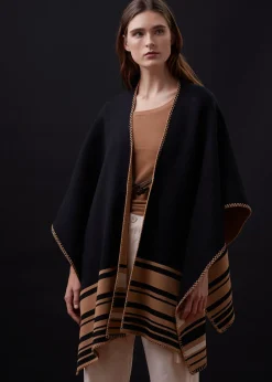 Sweaters*MONROW Supersoft Sweater Knit Reversible Stripe Poncho GOLDENBROWN