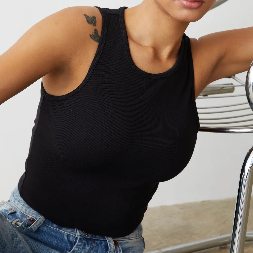 Tanks*MONROW Supimaluxe Rib Crop High Neck Tank BLACK
