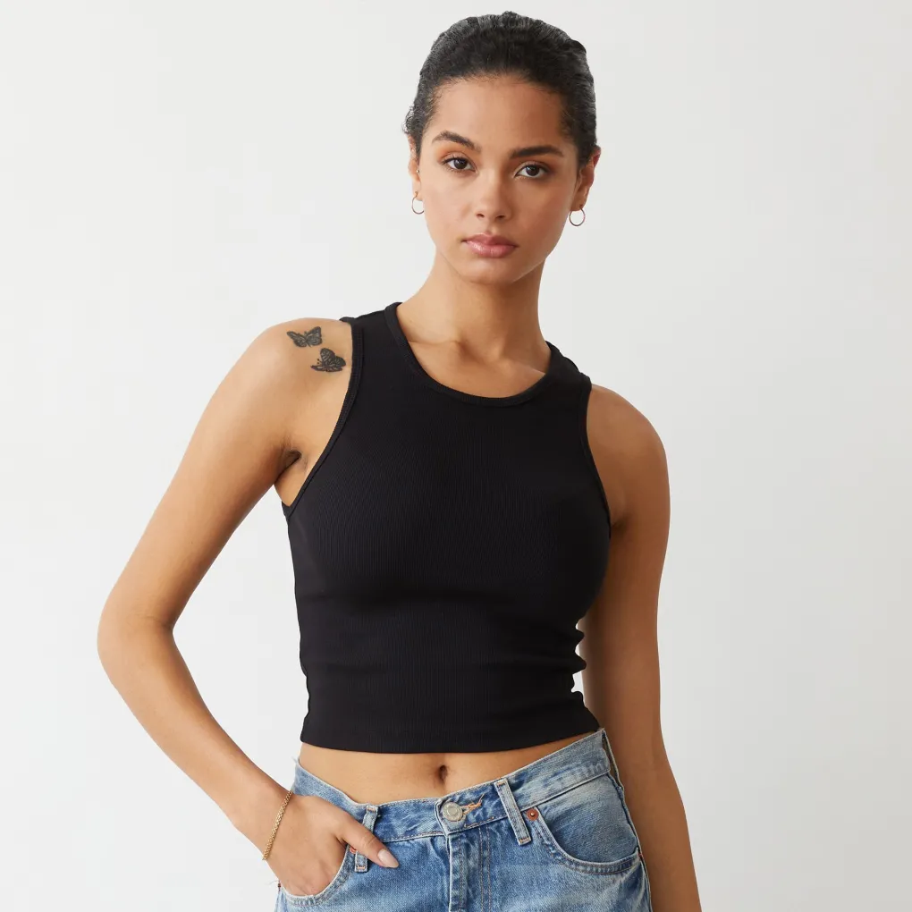 Tanks*MONROW Supimaluxe Rib Crop High Neck Tank BLACK