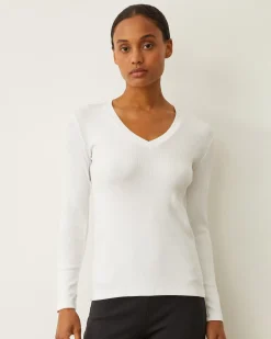 Long Sleeve*MONROW Supimaluxe Rib Long Sleeve V Neck WHITE