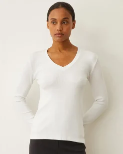 Long Sleeve*MONROW Supimaluxe Rib Long Sleeve V Neck WHITE