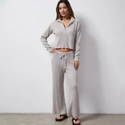 Sweats*MONROW Waffle Crop Lounge Sweat STONEGREY