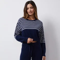 Long Sleeve*MONROW Wool Cashmere Stripe Crew Neck Sweater NAVY/IVORY