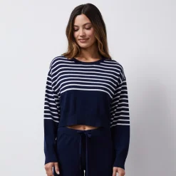 Long Sleeve*MONROW Wool Cashmere Stripe Crew Neck Sweater NAVY/IVORY