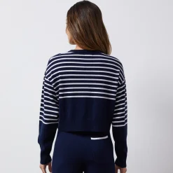 Long Sleeve*MONROW Wool Cashmere Stripe Crew Neck Sweater NAVY/IVORY