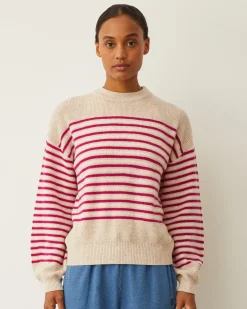Sweaters*MONROW Wool Cashmere Stripe Sweater OATMEAL/FUCHSIASTRIPE