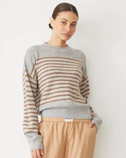 Sets|Sweaters*MONROW Wool Cashmere Stripe Sweater HEATHER/CARAMELSTRIPE