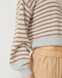 Sets|Sweaters*MONROW Wool Cashmere Stripe Sweater HEATHER/CARAMELSTRIPE